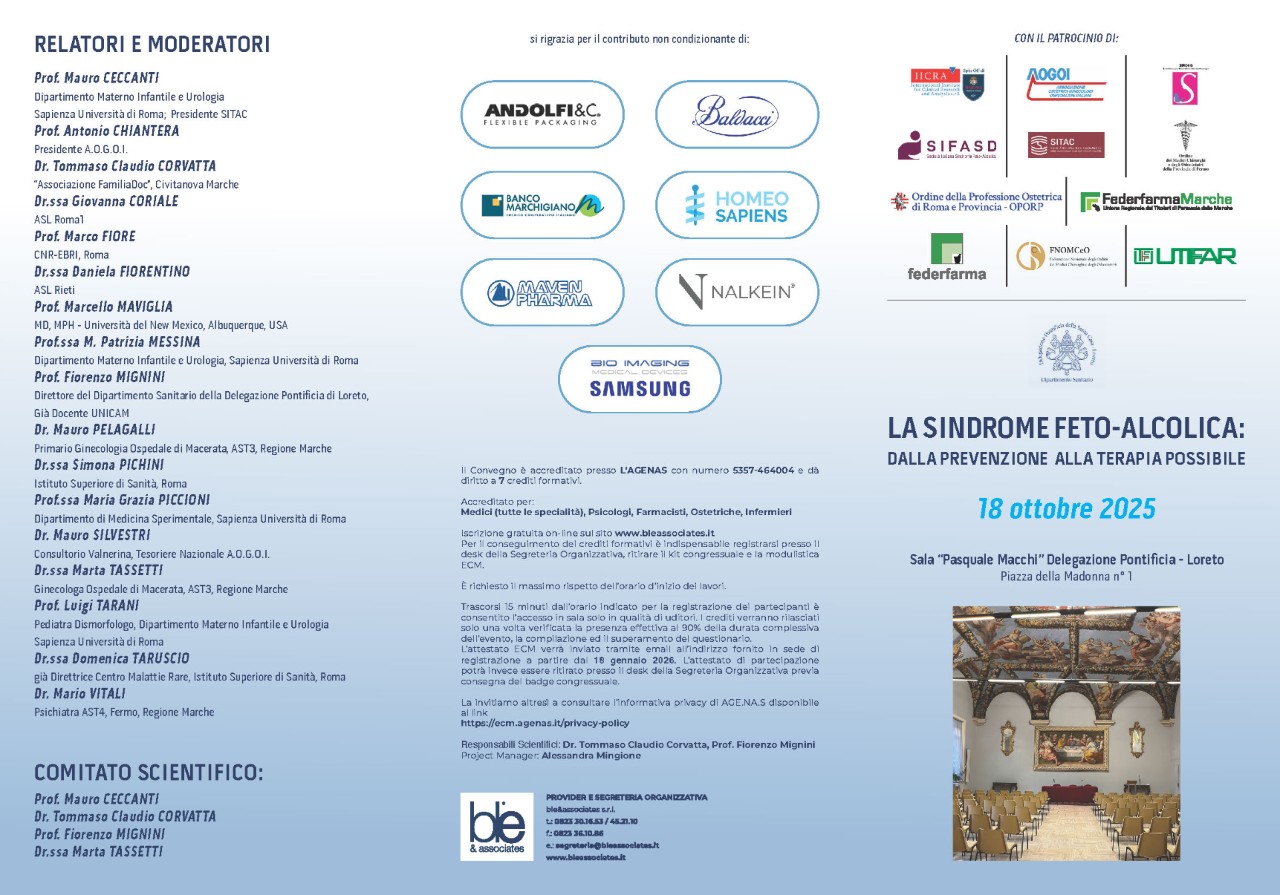 18 ottobre: Convegno/ECM sul tema: "Spettro dei Disturbi Feto-Alcolici" (FASD)