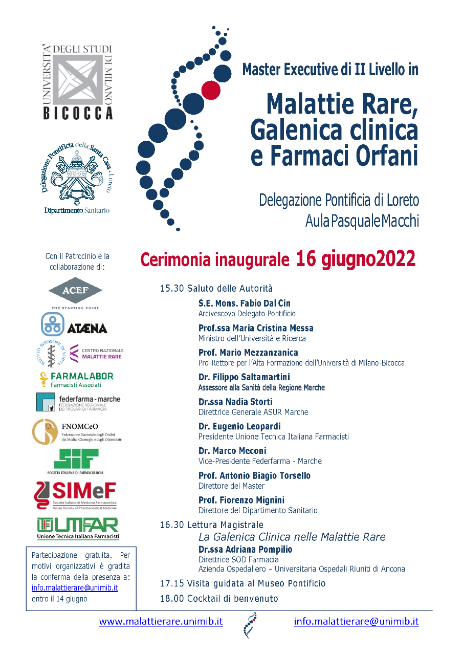 16 giugno INAUGURAZIONE MASTER MALATTIE RARE